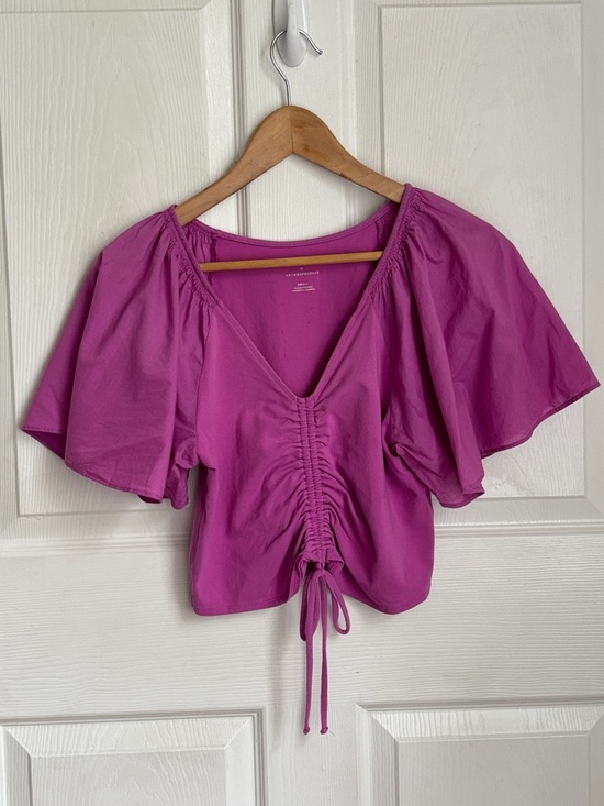 Anthropologie Tops - Anthropologie Maeve Magenta Ruched Drawstring V-Neck Crop Top Flutter Sleeve Sm